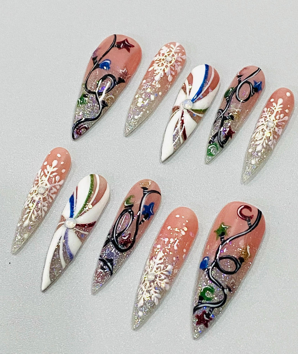 Dusty Pink Christmas Snowflake Nails With Holographic Glitter Tips