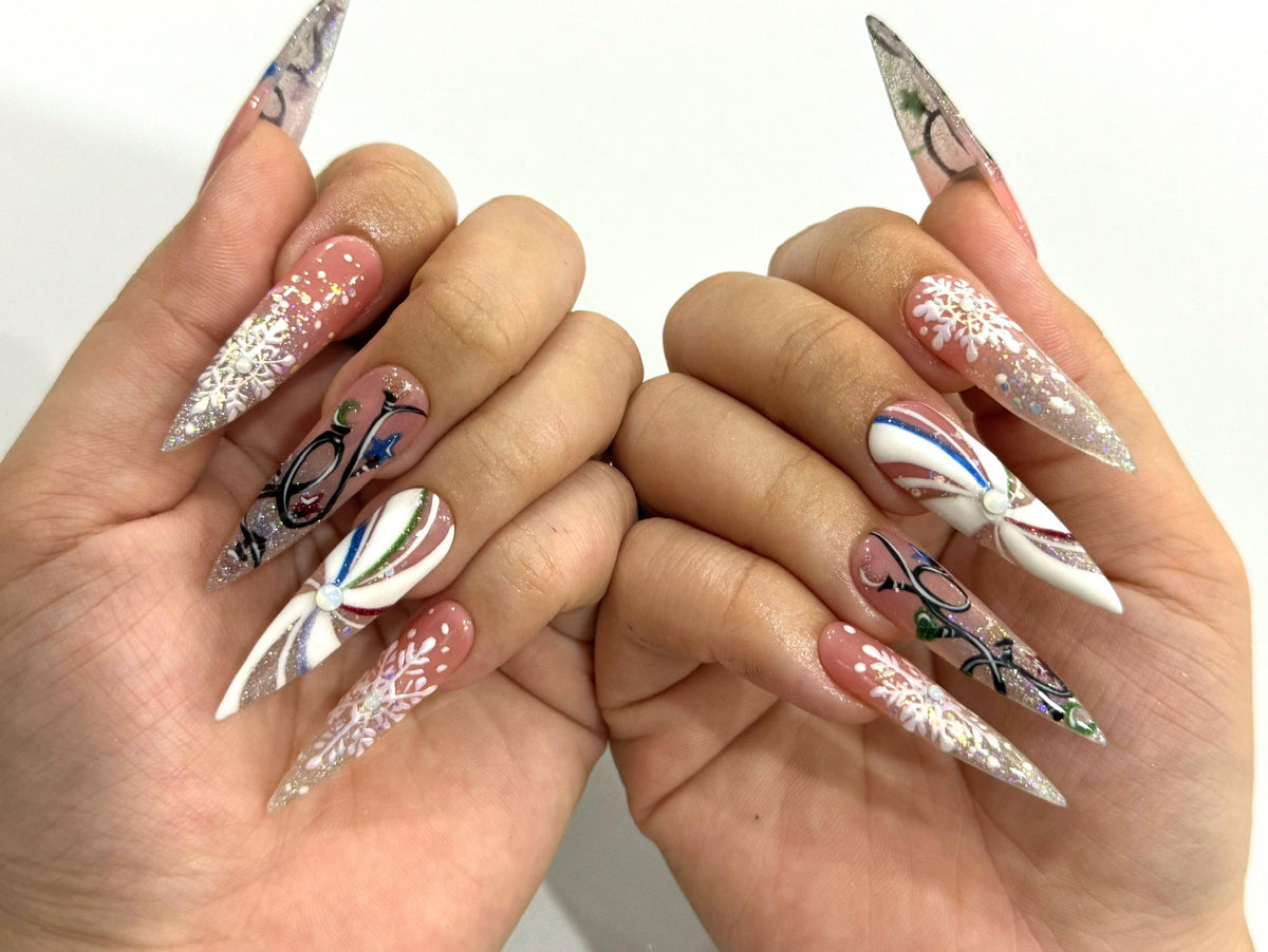 Dusty Pink Christmas Snowflake Nails With Holographic Glitter Tips