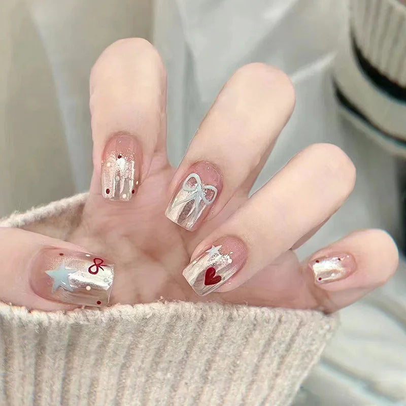 Dusty Pink Chrome Nails with Silver Bows, Stars and Red Hearts
