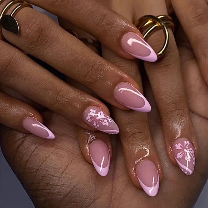 Dusty Pink French Tip Press On Nail Set With Delicate Floral Designs