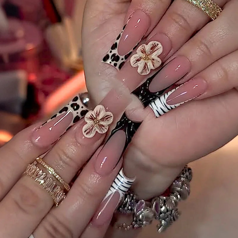 Dusty Pink French Tip Nails With Animal Print and Ivory Flowers