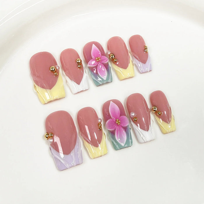 Dusty Pink French Tip Press On Nails with Pastel Yellow and Raised 3D Flowers