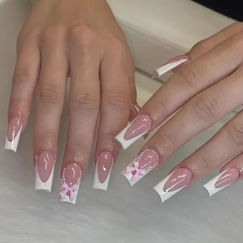 Dusty Pink French Tip Nails with Raised Pink Bows