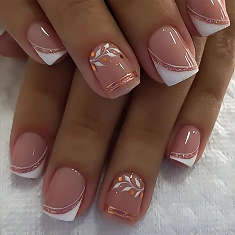 Dusty Pink French Tip Nails With Rose Gold Edging and Floral Accents