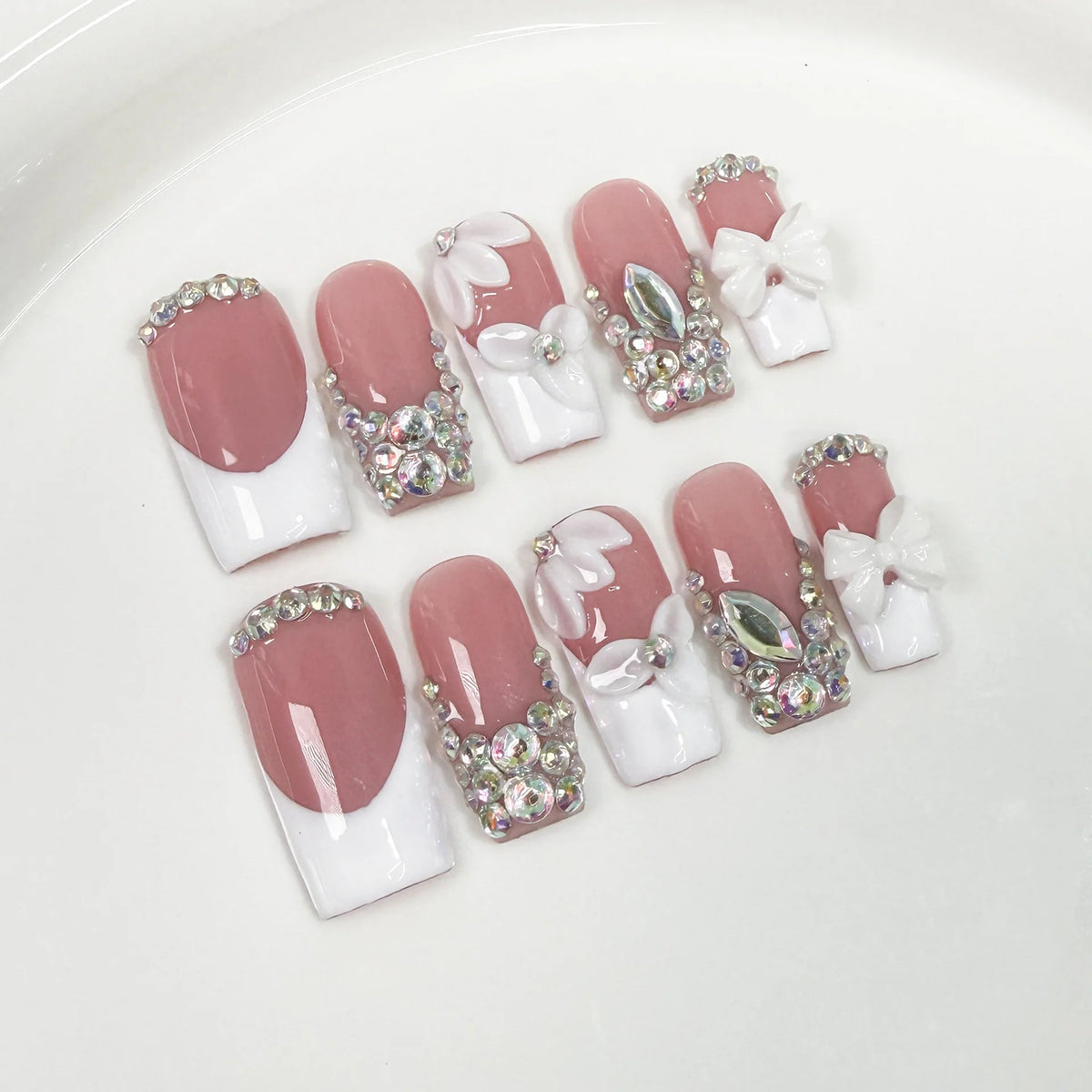 Dusty Pink French Tip Press On Nails With 3D Flowers, Bows and Rhinestones