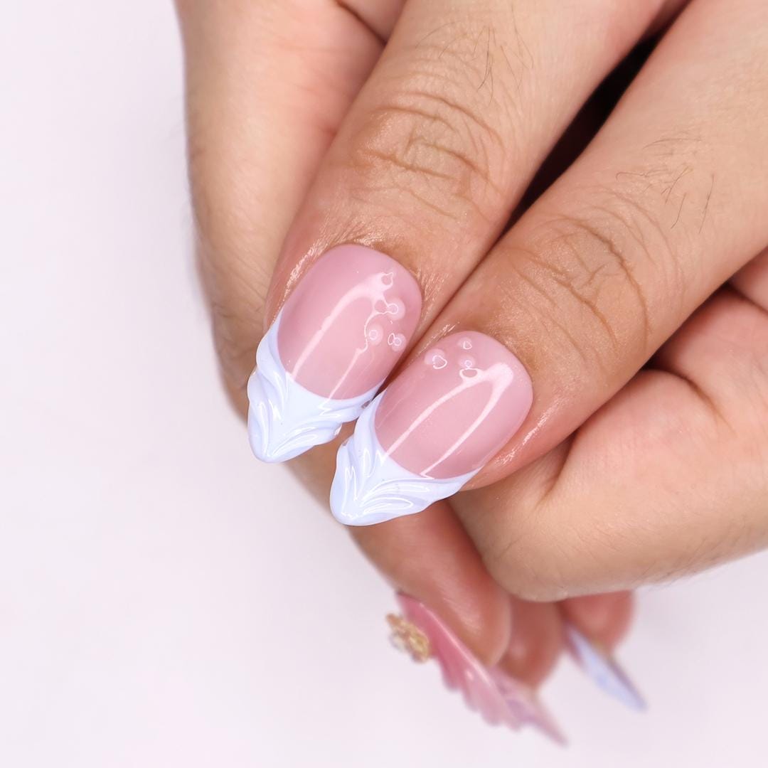 Dusty Pink French Tip Press-On Nails With 3D Flowers and Butterfly Charms
