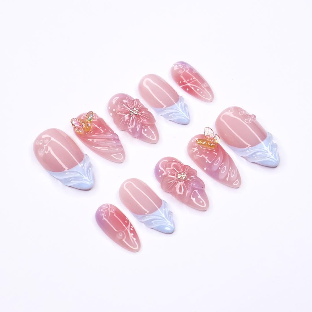 Dusty Pink French Tip Press-On Nails With 3D Flowers and Butterfly Charms