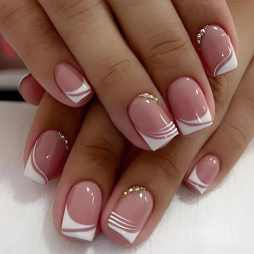 Dusty Pink French Tip Press On Nails With Curved Lines and Gold Accents