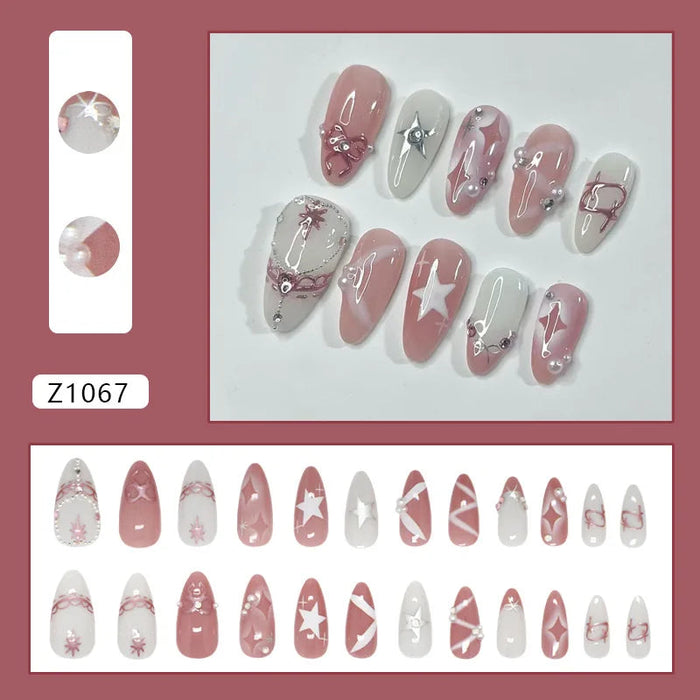 Dusty Pink, Gray and White Star Press On Nails with Silver Details