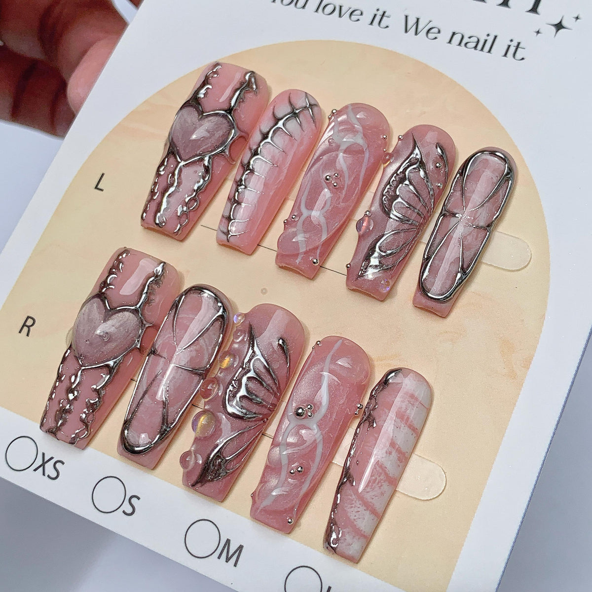 Dusty Pink Marble Press On Nails With Silver Chrome Hearts, Wings and Rhinestones