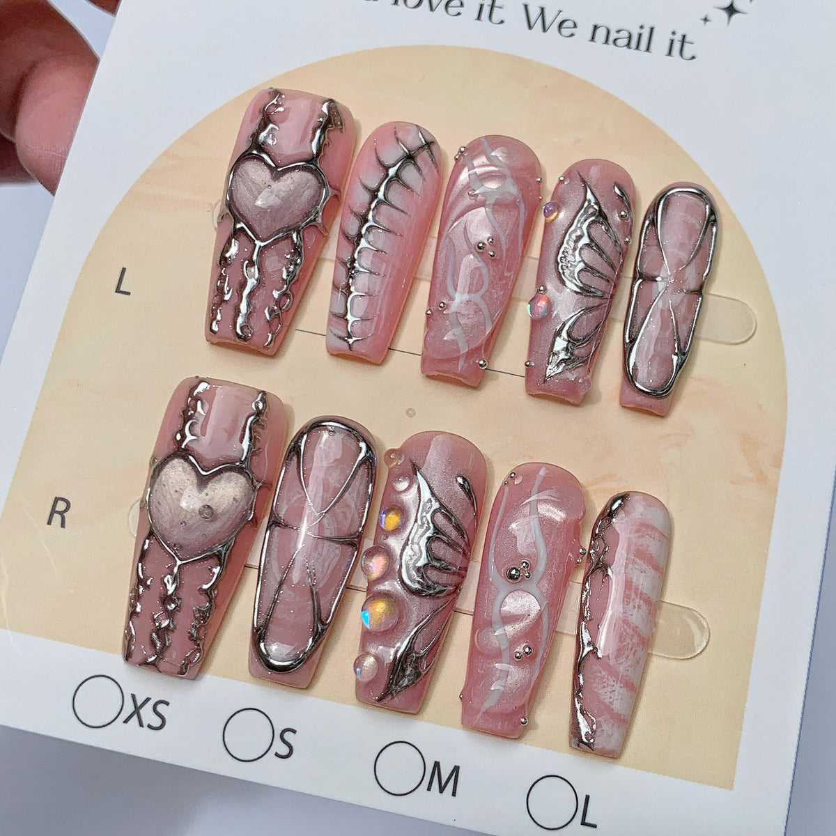Dusty Pink Marble Press On Nails With Silver Chrome Hearts, Wings and Rhinestones