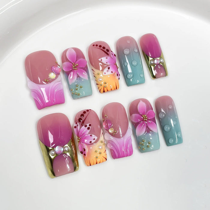 Dusty Pink Ombre Floral Press On Nails With 3D Flowers and Rhinestone Details