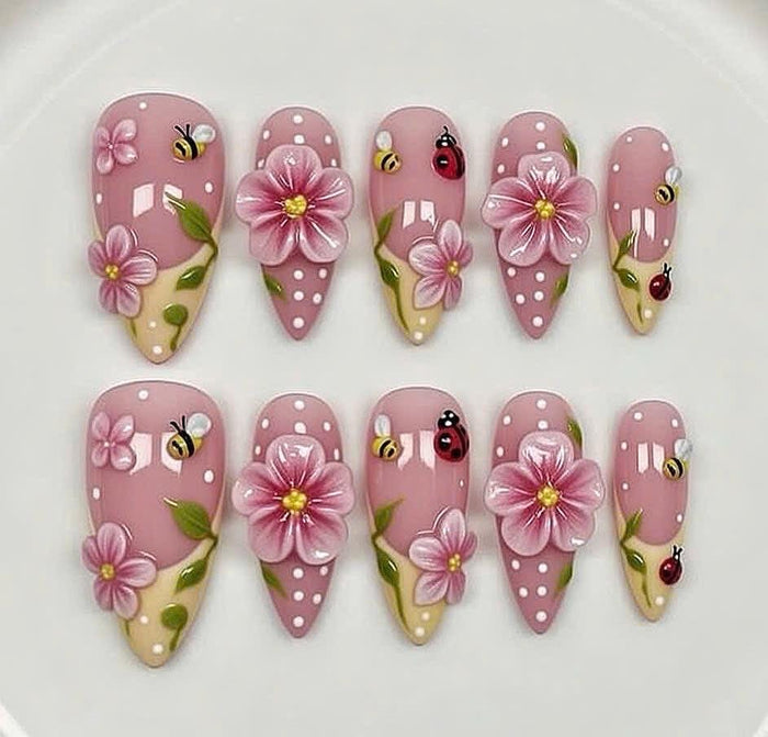 Dusty Pink Polka Dot Garden Press On Nails With 3D Flowers, Bees and Ladybugs