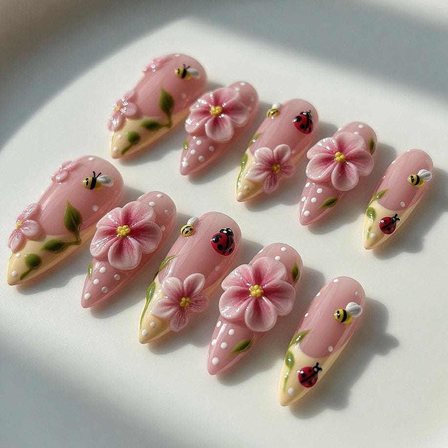 Dusty Pink Polka Dot Garden Nails With 3D Flowers, Bees and Ladybugs