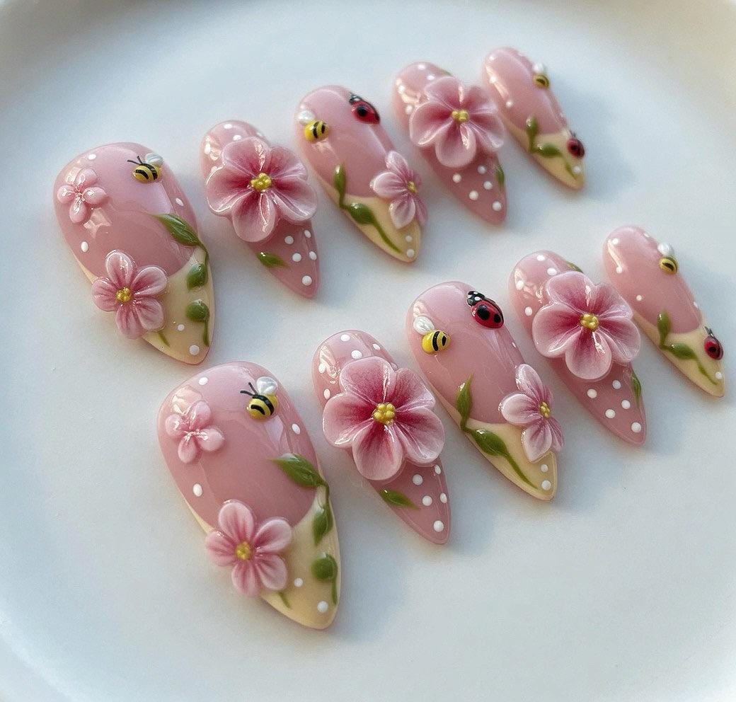 Dusty Pink Polka Dot Garden Nails With 3D Flowers, Bees and Ladybugs