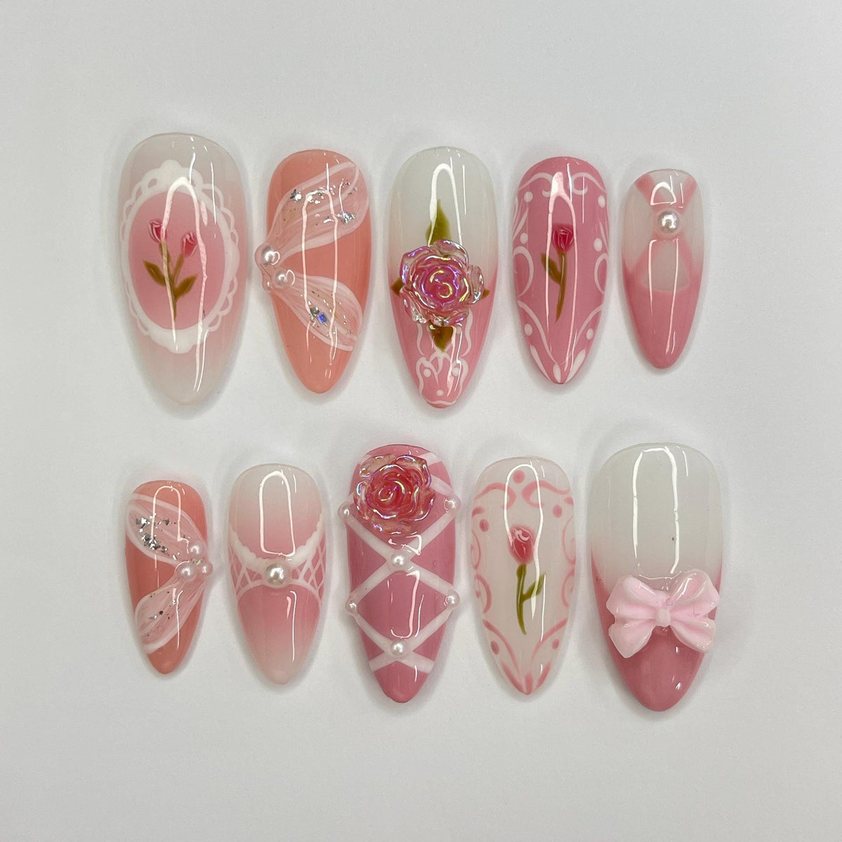 Dusty Pink Rose Nail Set With Raised Flowers, Bow, and Rhinestone Details