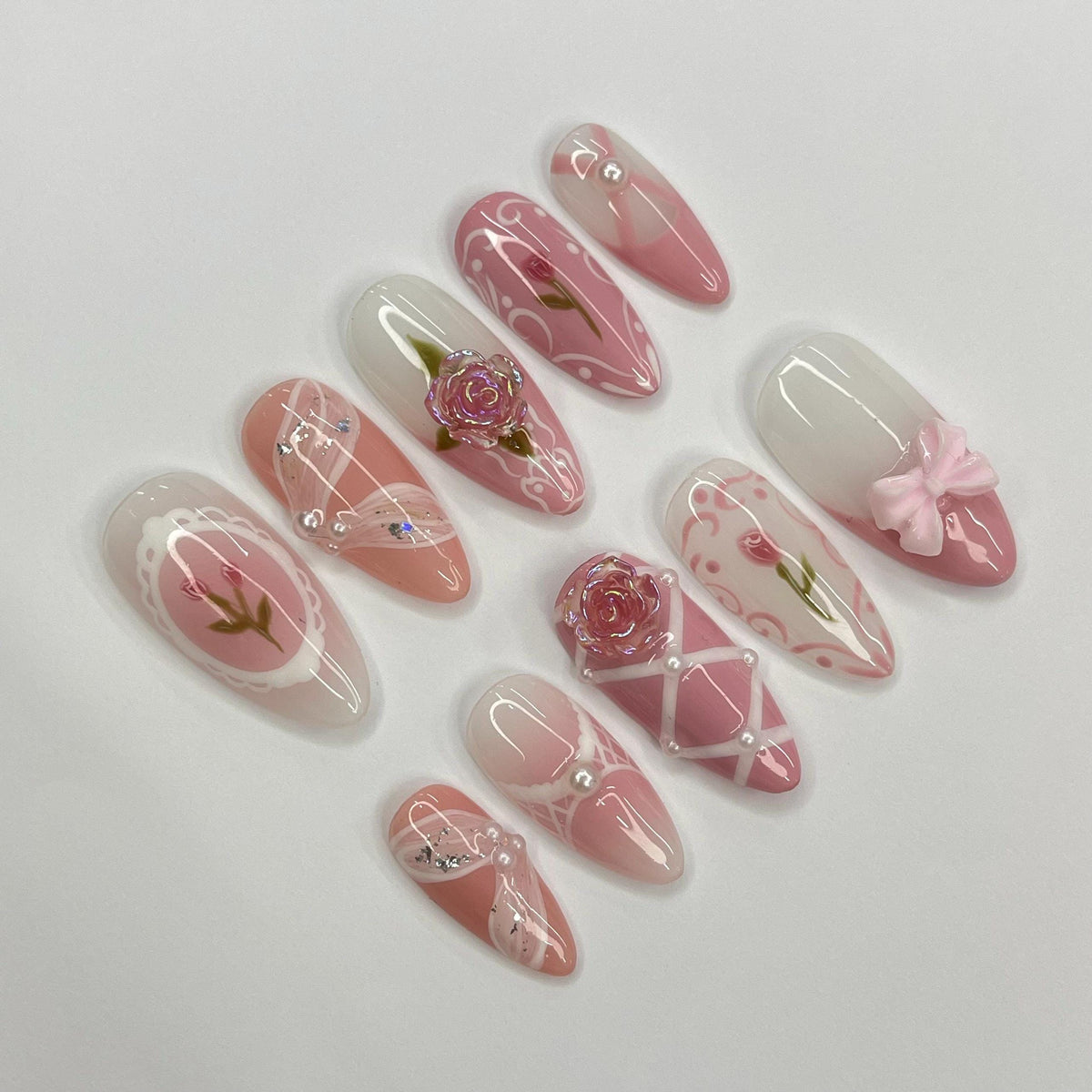 Dusty Pink Rose Nail Set With Raised Flowers, Bow, and Rhinestone Details