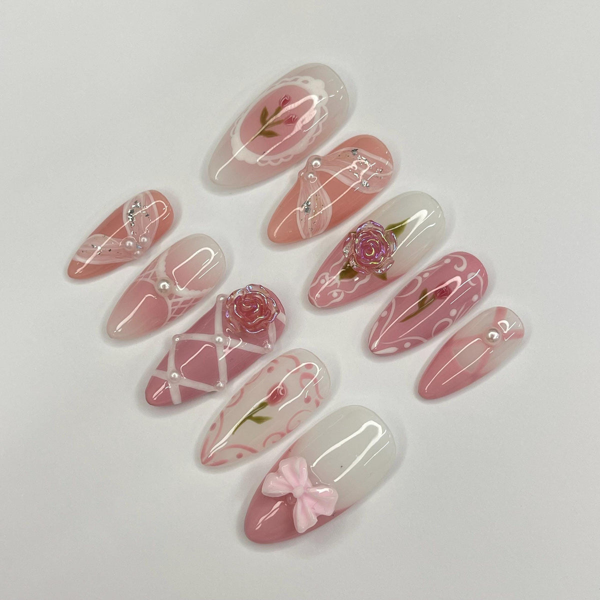 Dusty Pink Rose Nail Set With Raised Flowers, Bow, and Rhinestone Details