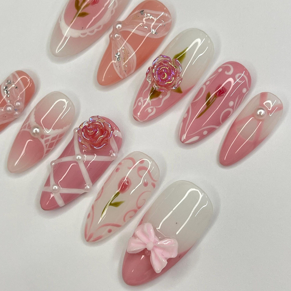 Dusty Pink Rose Nail Set With Raised Flowers, Bow, and Rhinestone Details