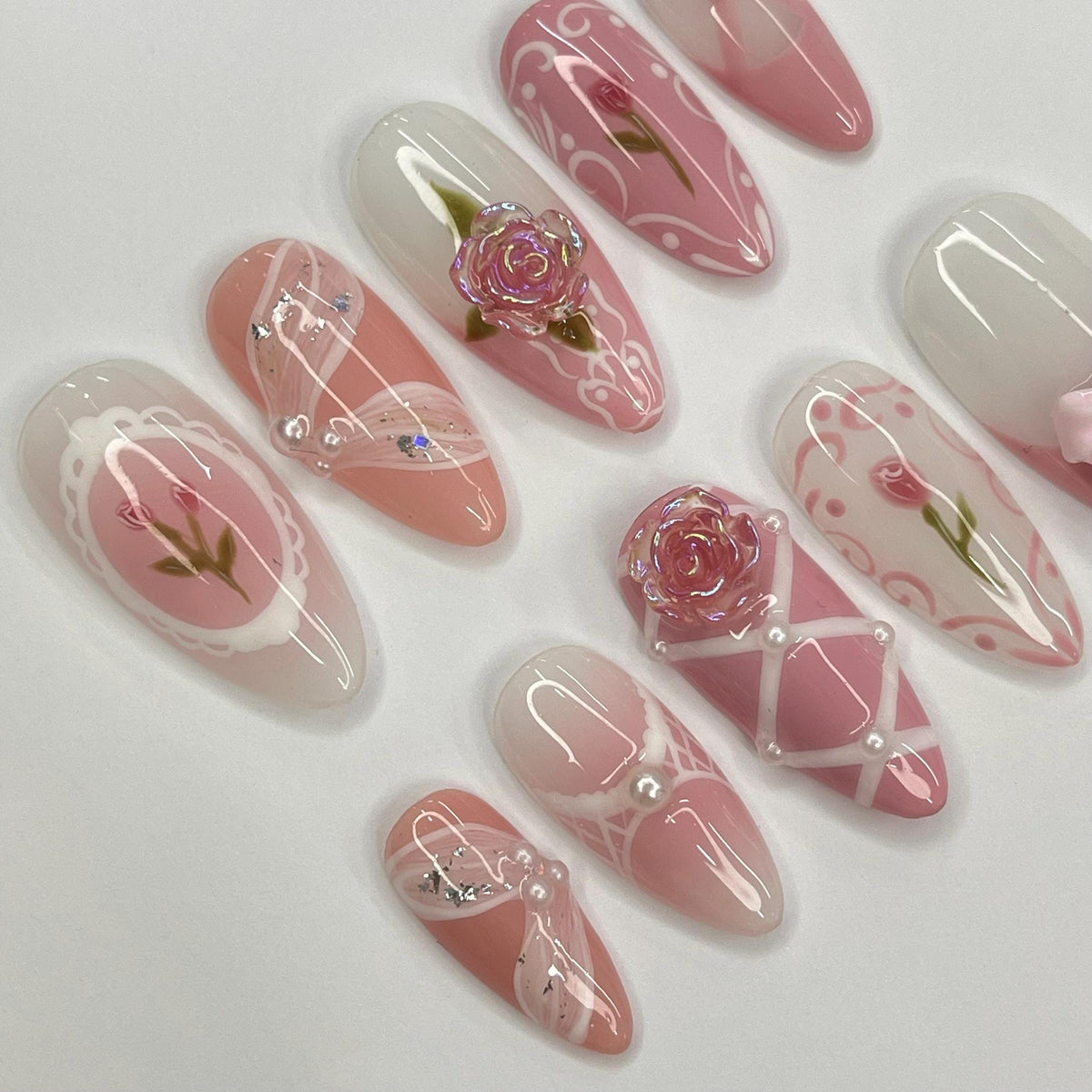 Dusty Pink Rose Nail Set With Raised Flowers, Bow, and Rhinestone Details