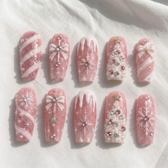 Dusty Pink Snowflake and Candy Cane Christmas Press-On Nail Set