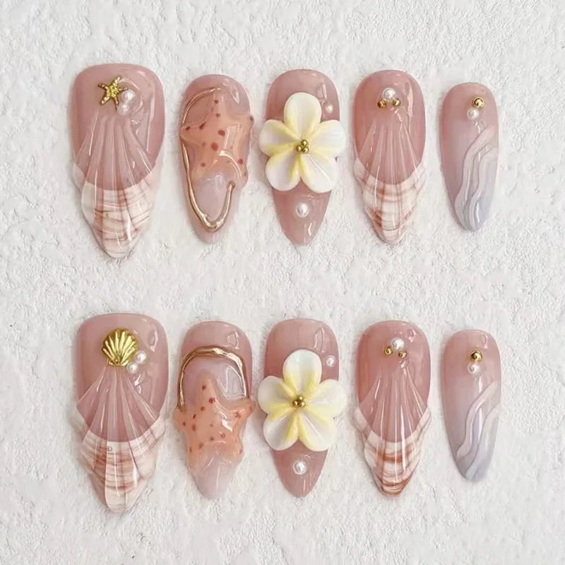 Dusty Pink Starfish and Shell French Tip Nails with Flowers and Pearls