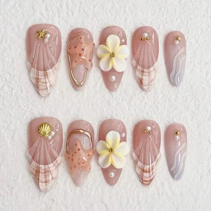 Dusty Pink Starfish and Shell French Tip Press On Nails with Flowers and Pearls