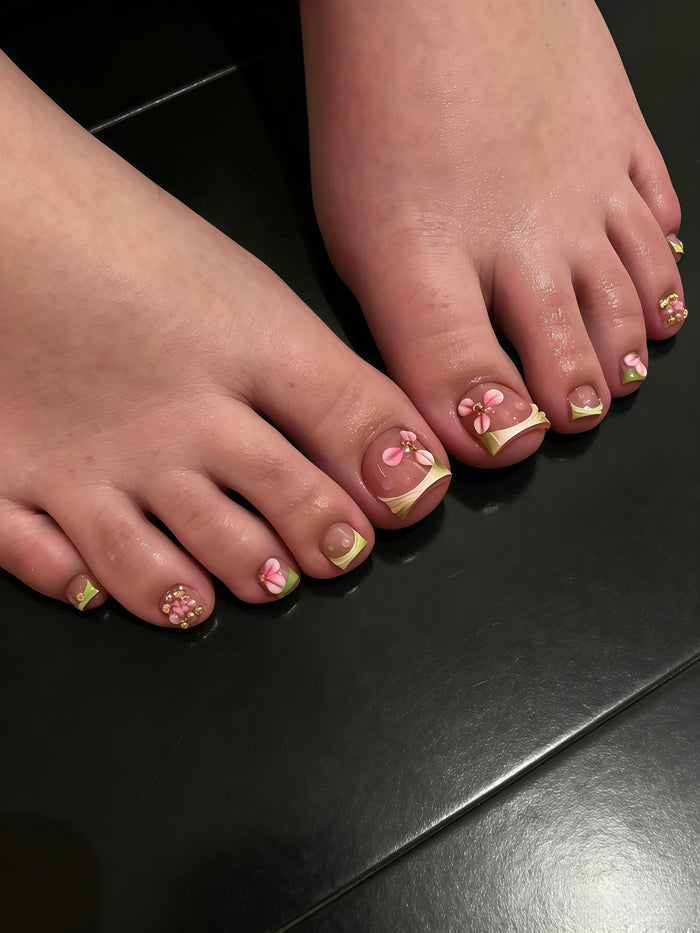 Dusty Pink Press On Toenails With Soft Green French Tips, 3D Flowers & Gold Accents