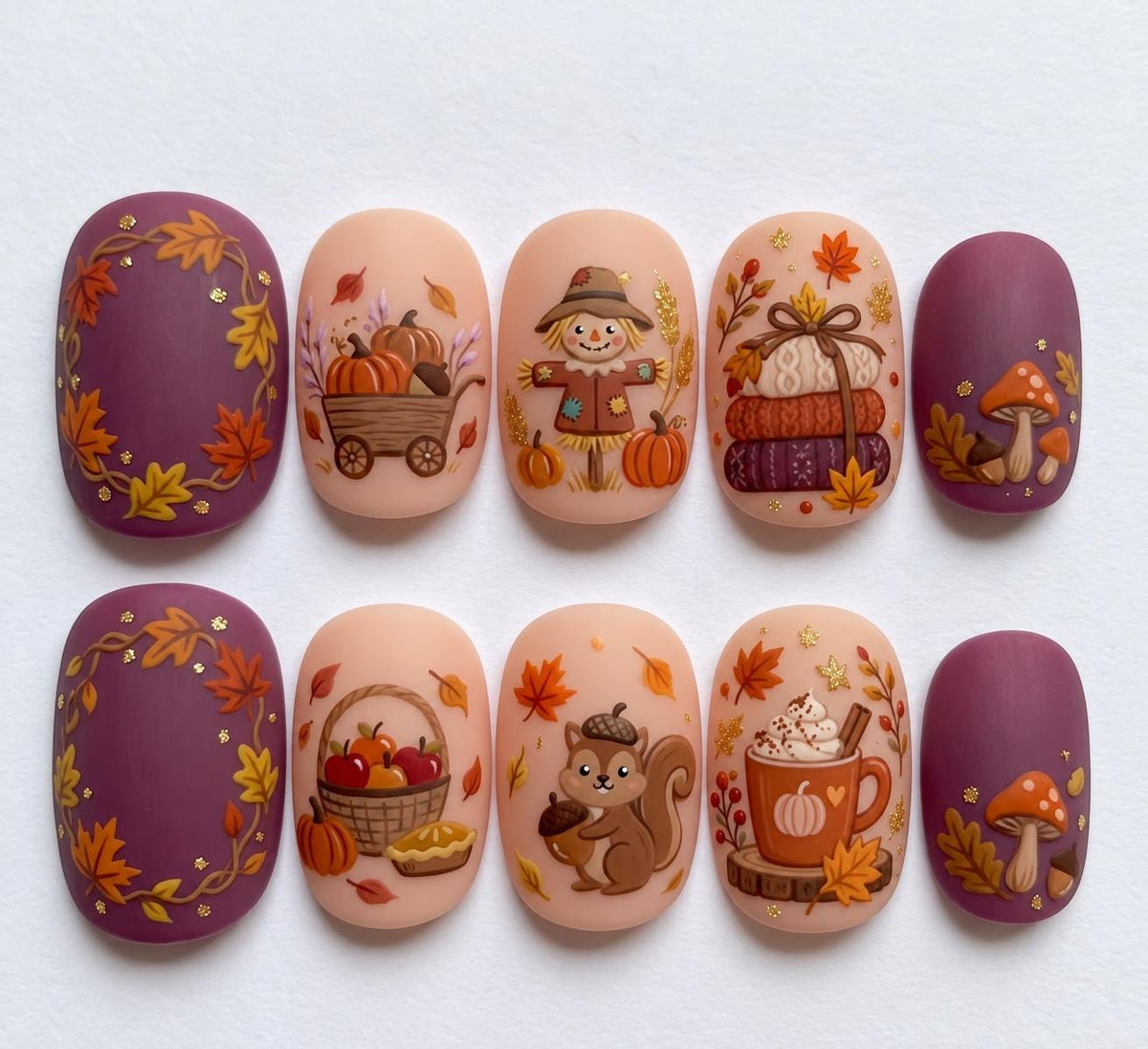 Dusty Plum and Peach Thanksgiving Press On Nails With Pumpkins, Mushrooms and Harvest Illustrations