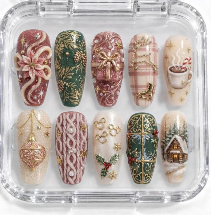Dusty Rose and Green Christmas Press On Nail Set With 3D Flower, Bows and Winter Motifs