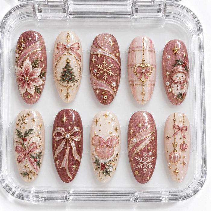 Dusty Rose and Ivory Christmas Press On Nails with Gold Poinsettias, Bows, and 3D Details