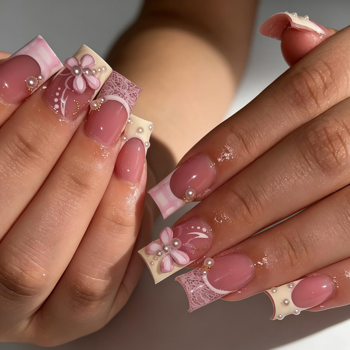 Dusty Rose French Tip Nails With Lace, 3D Flowers, and Pearls
