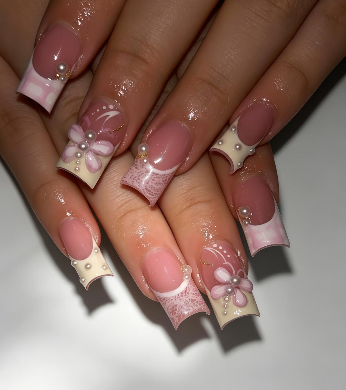 Dusty Rose French Tip Nails With Lace, 3D Flowers, and Pearls
