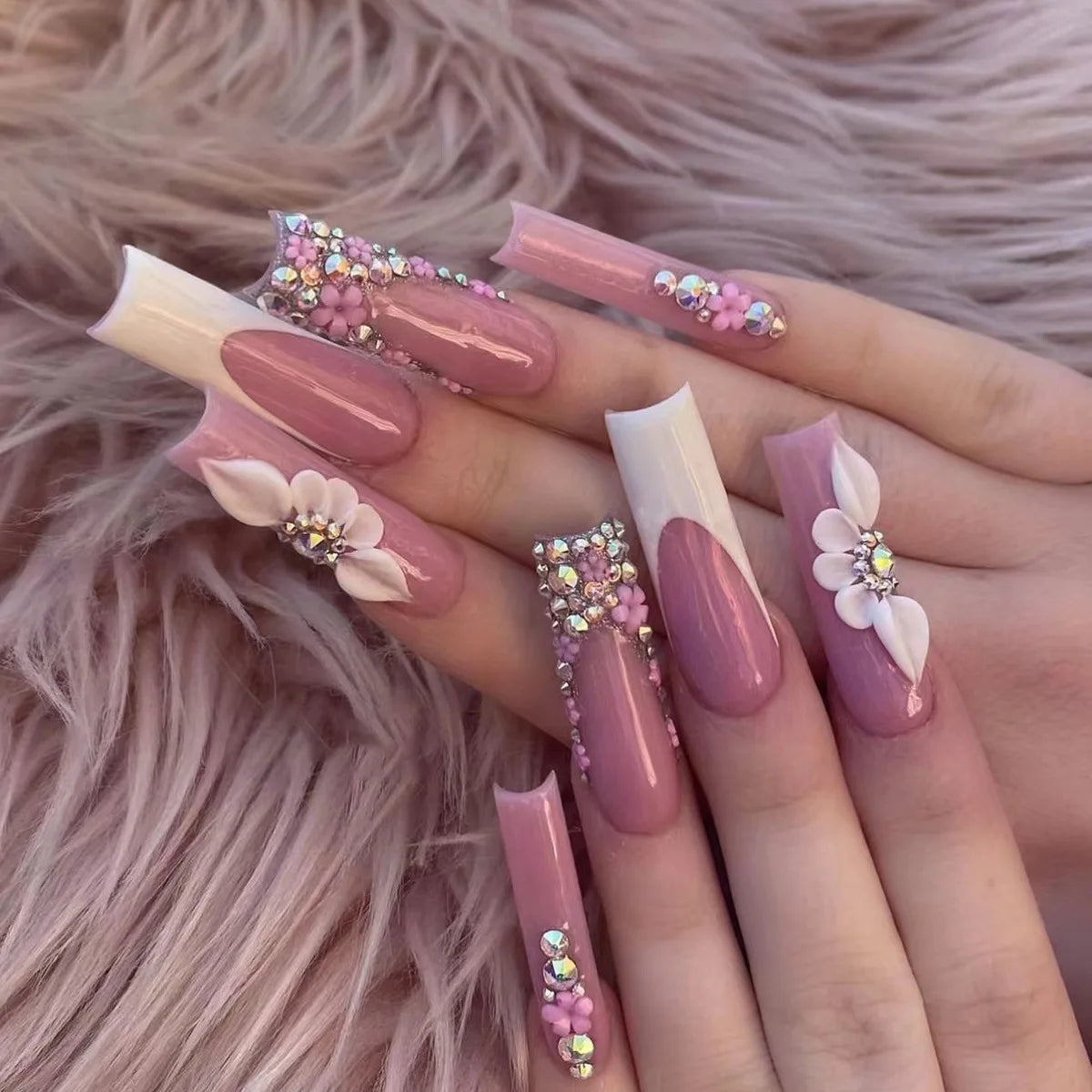 Dusty Rose French Tip Nails With Rhinestones, Flowers and Bows