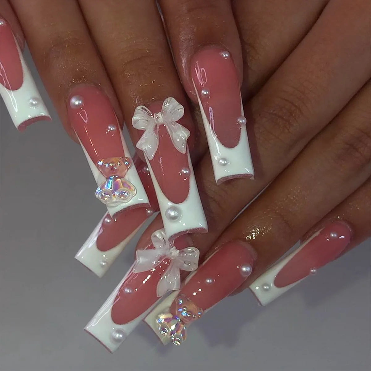 Dusty Rose French Tip Press-On Nails With 3D Bows and Iridescent Gems
