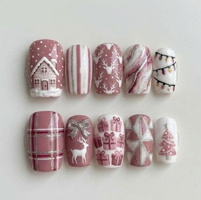 Dusty Rose Gingerbread Cottage and Reindeer Christmas Press On Nail Set