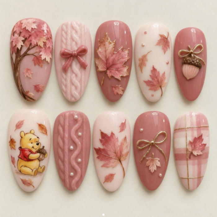 Dusty Rose Honey Bear Autumn Press-On Nail Set With Maple Leaves and Cable Knit