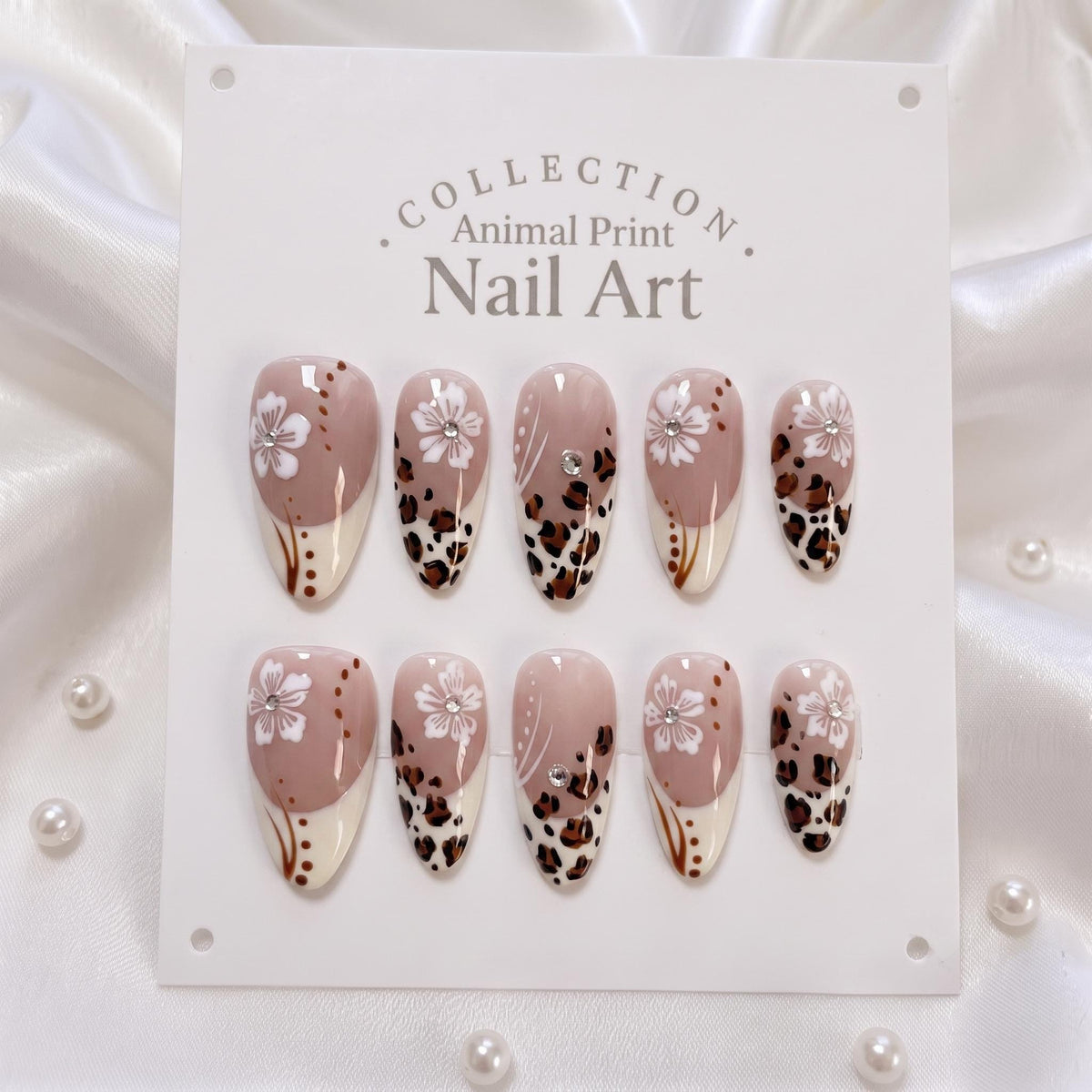 Dusty Rose Leopard Print and White Flower Nail Set
