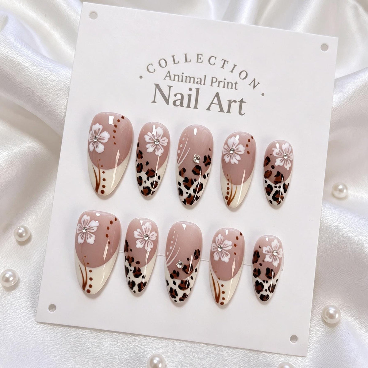 Dusty Rose Leopard Print and White Flower Nail Set