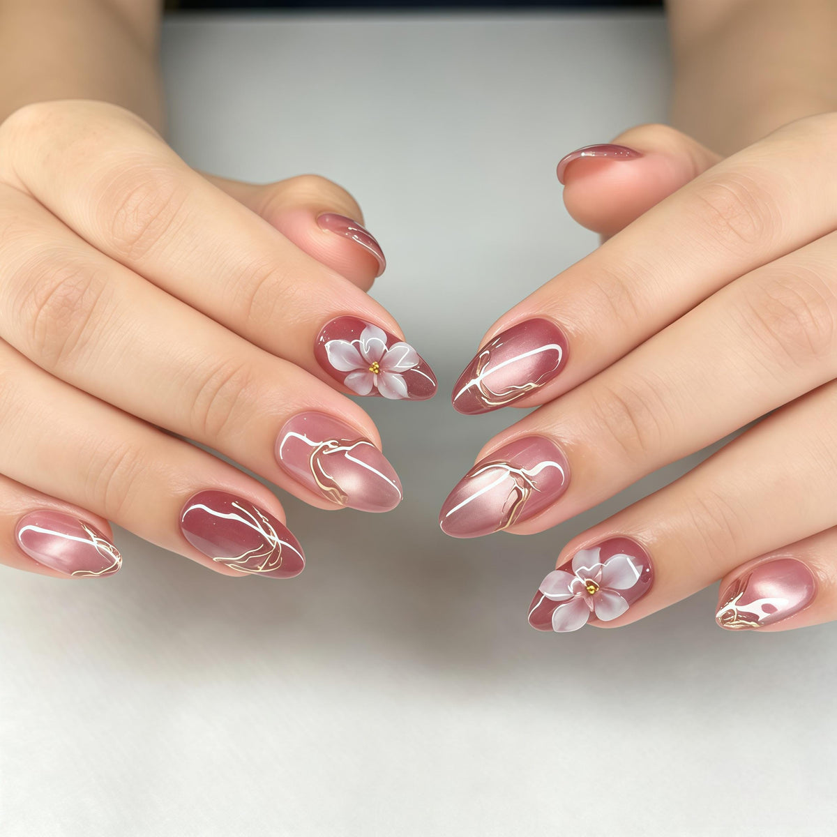 Dusty Rose Pink Floral Press On Nails With Gold Linework for Bridal and Evening Events