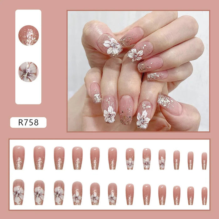 Dusty Rose Press-On Nails With Silver Glitter Tips and White 3D Flowers