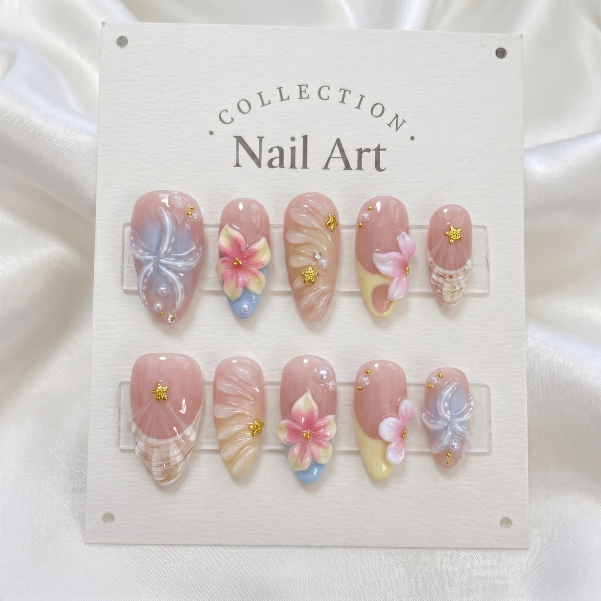 Dusty Rose Seashell-Inspired Press On Nails With 3D Flowers and Gold Star Charms