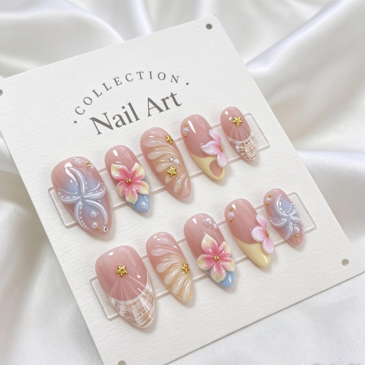 Dusty Rose Seashell-Inspired Press On Nails With 3D Flowers and Gold Star Charms
