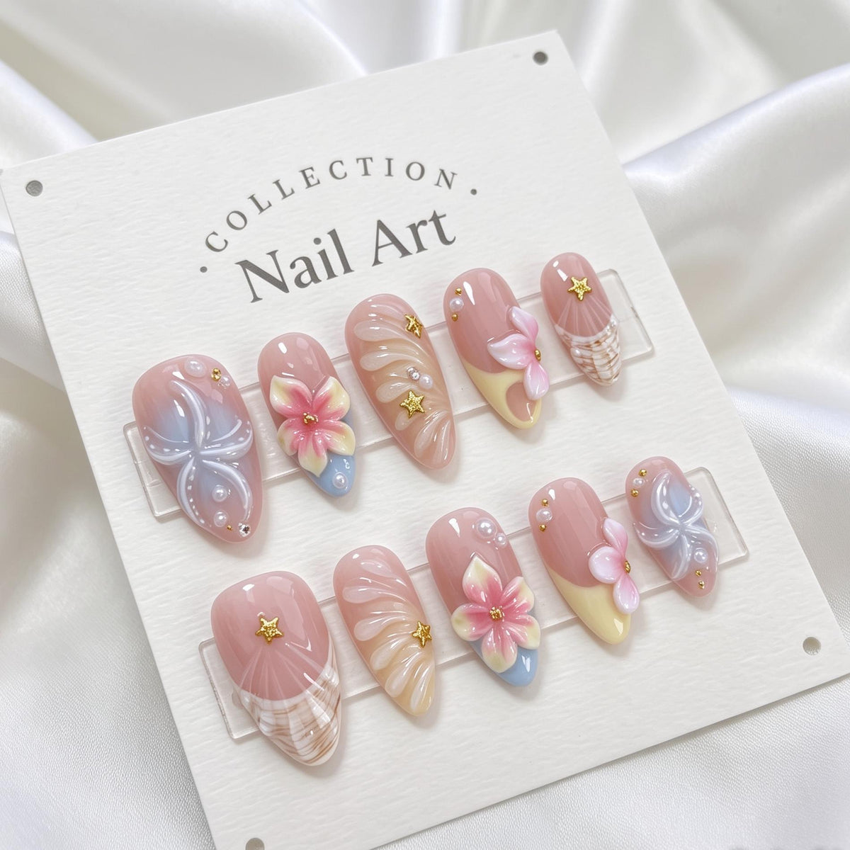 Dusty Rose Seashell-Inspired Press On Nails With 3D Flowers and Gold Star Charms