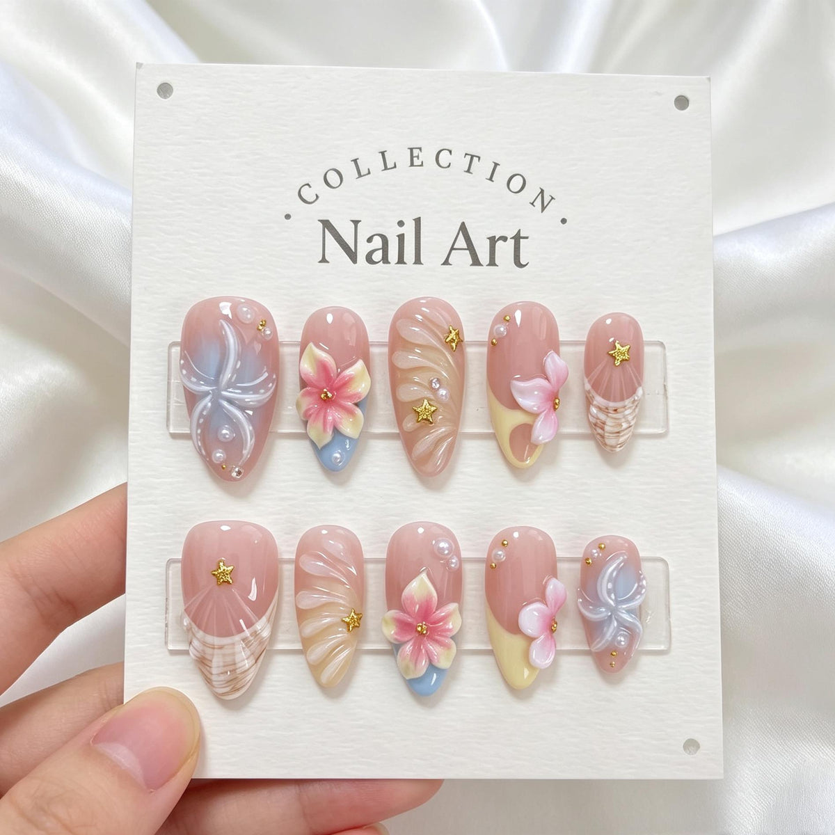 Dusty Rose Seashell-Inspired Press On Nails With 3D Flowers and Gold Star Charms