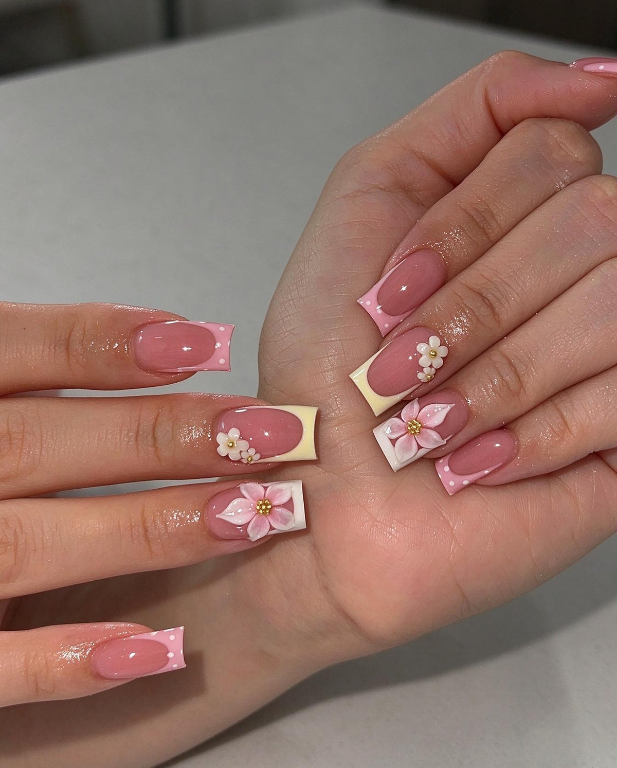 Dusty Rose Spring French Tip Nails With 3D Pink and White Flowers