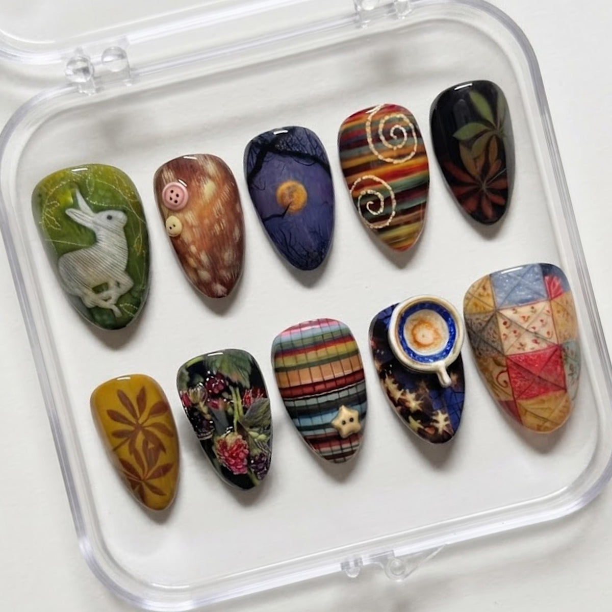 Earthy Patchwork Press On Nails with Rabbit, Flowers, Stripes and Raised Details