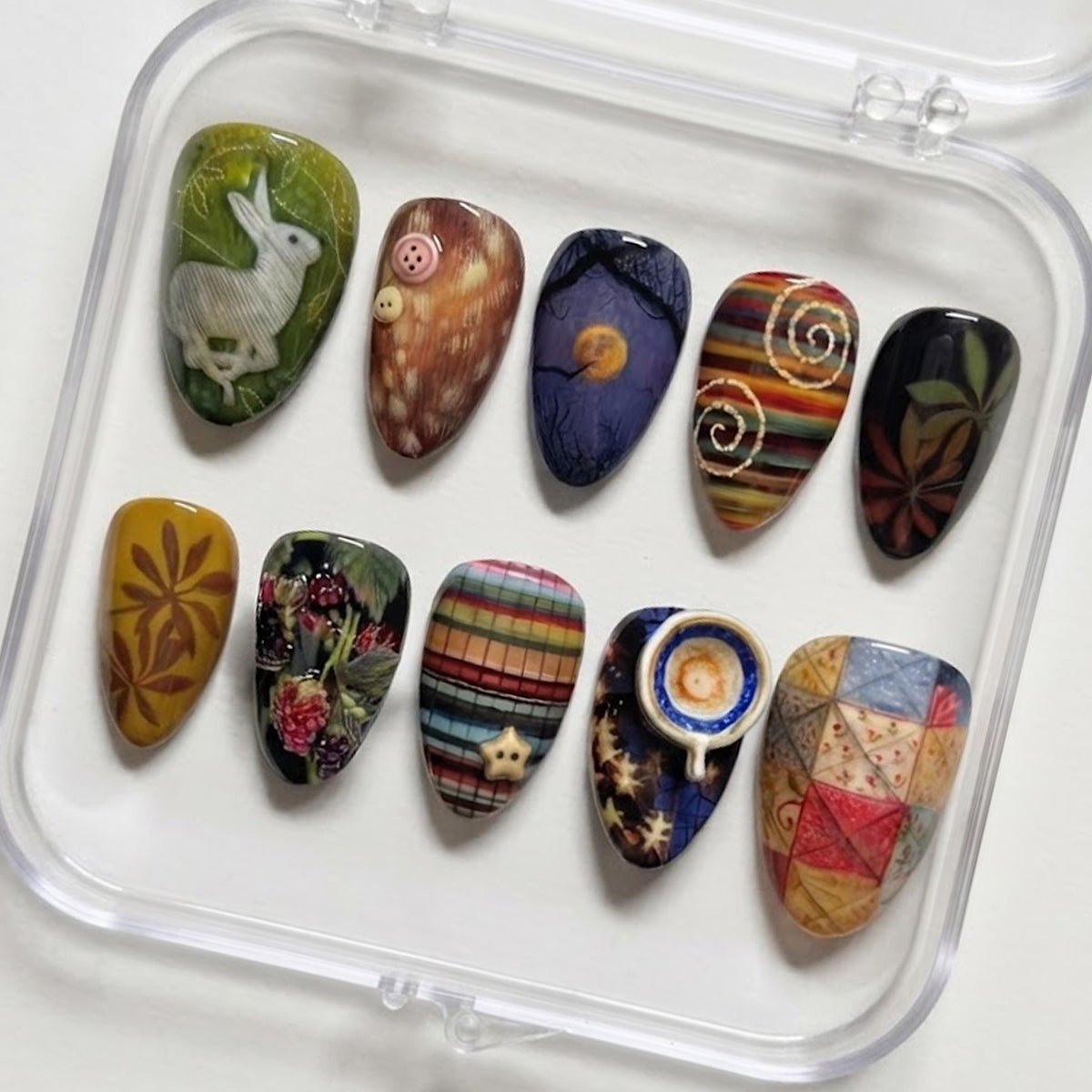 Earthy Patchwork Press On Nails with Rabbit, Flowers, Stripes and Raised Details