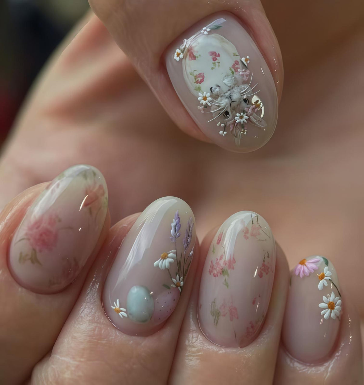 Easter Rabbit Press On Nails With Sheer Pink Florals, Daisies & Lavender Sprigs