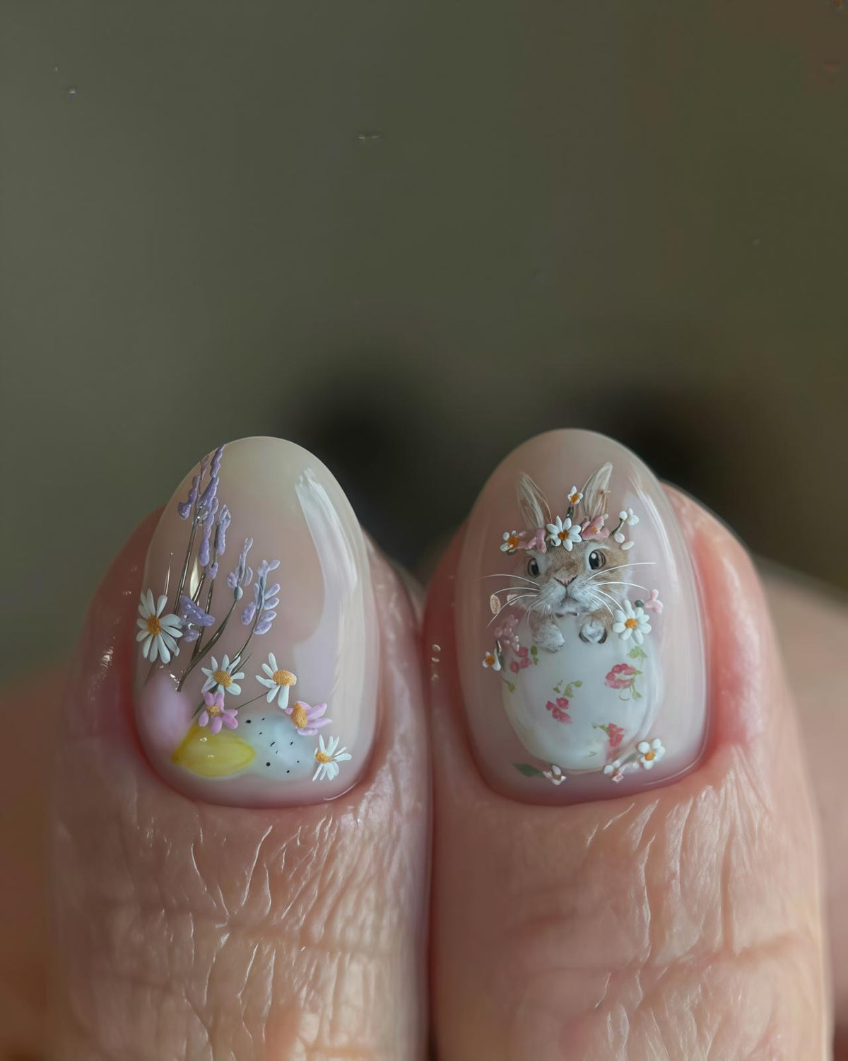 Easter Rabbit Press On Nails With Sheer Pink Florals, Daisies & Lavender Sprigs